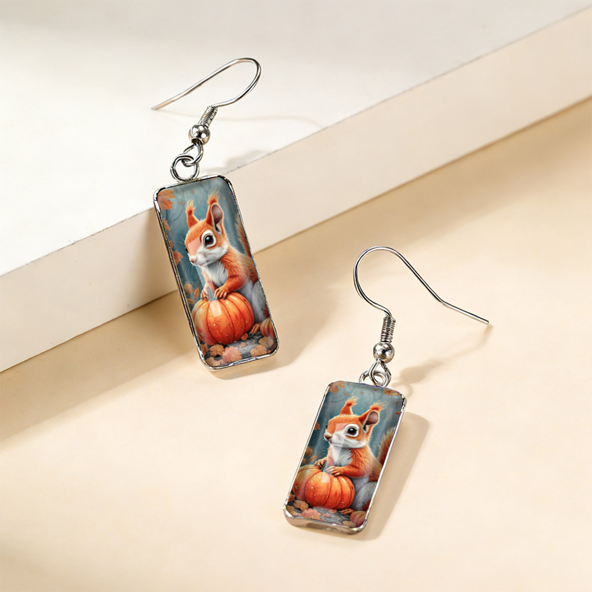 Women's Fluffy Red Squirrel & Pumpkin Autumn Earrings